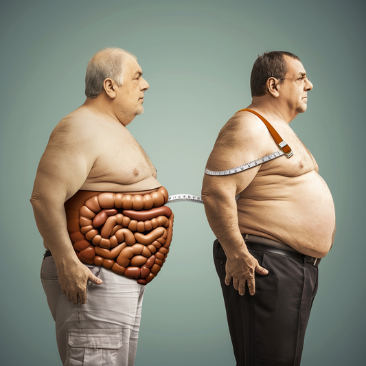 an older version of a person standing next to him, inside of stomach and liver shown in place of the stomach for the older version.