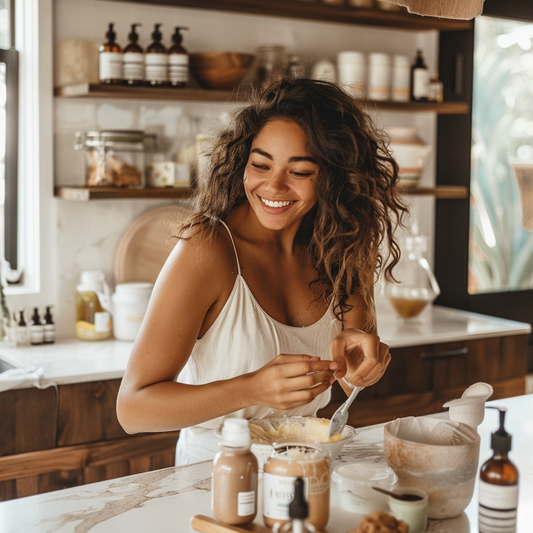 Gorgeous woman with glowing skin making DIY skin care for her normal skin type.