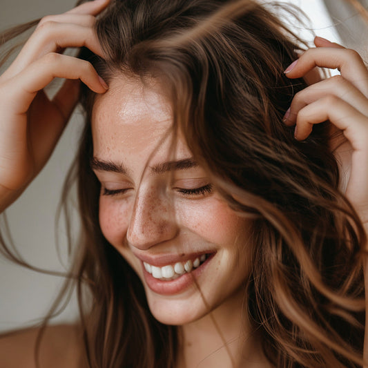 Brunette woman smiling, with a healthy scalp, after receiving an ayurvedic scalp massage.