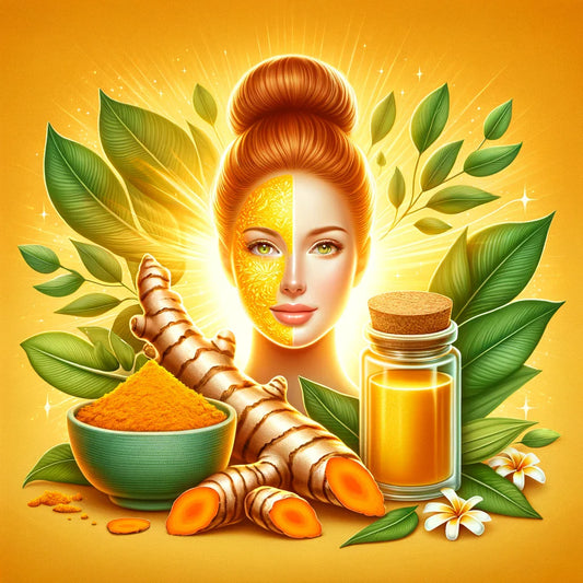 A woman's face in middle, surrounded by elements such as turmeric roots and powder gracefully arranged on a pristine surface. Includes a delicate jar of cream and a few drops of essential oil, to suggest the cosmetic application of turmeric.